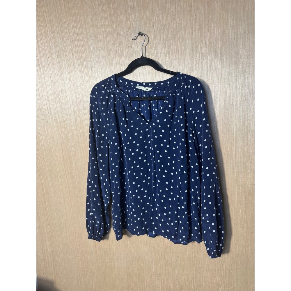 Boden Womens Navy Blue White Polka Dot 100% Silk V-Neck Blouse Top Size 12 UK 16